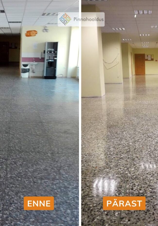 Terratsopõranda taastamine Lätis Auce koolis, 200m2; enne-pärast; Pinnahooldus